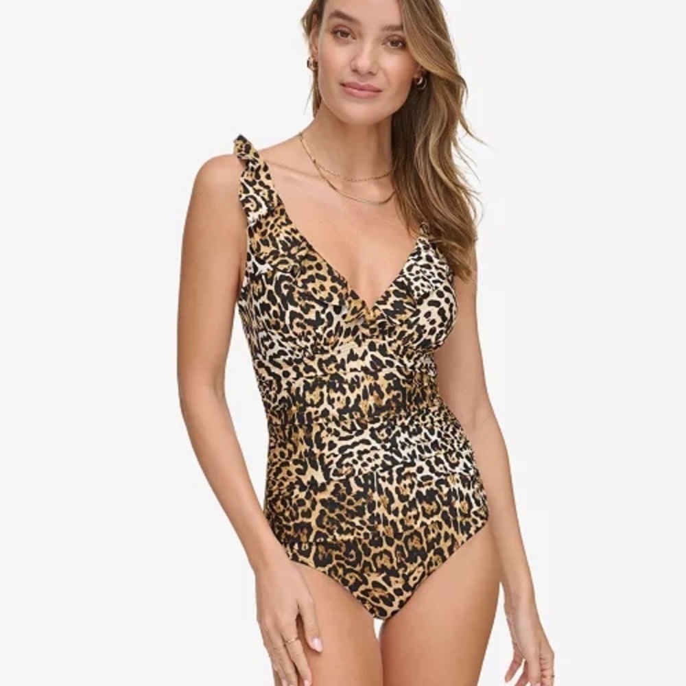 DKNY Animal Print Ruffle Neck One-Piece Swimsuit Brown and Black Size Small NWT - Picture 8 of 8